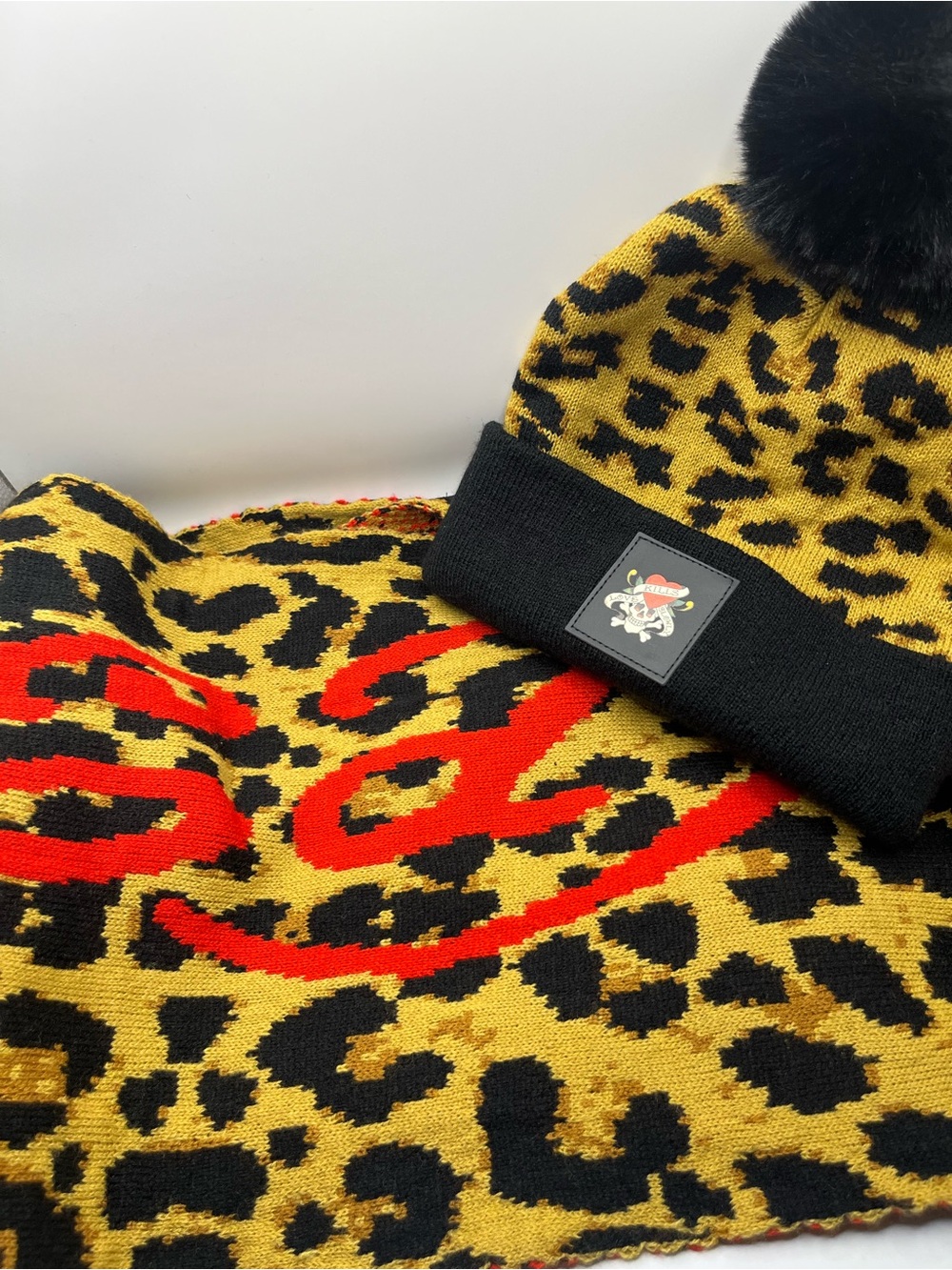 Ed Hardy Yellow & Black Leopard Pom Beanie with Red Accent